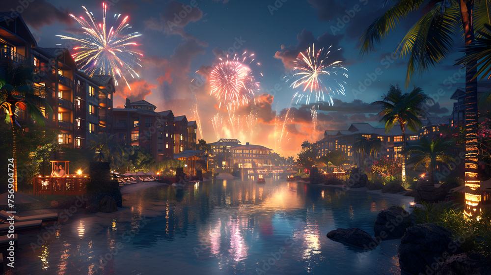 Fototapeta premium Holiday Resort Fireworks Display over Night Sky, Celebration and Entertainment Event, Vibrant Colors Illuminating Dark Background, Generative AI