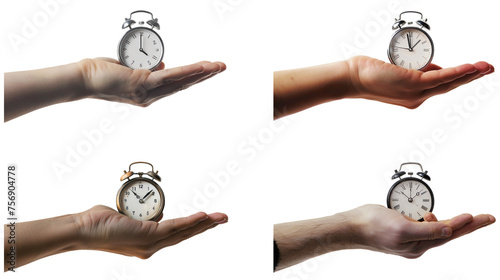 Set of hand holding alarm clock. Vintage watch in a human hand on a transparent  background.