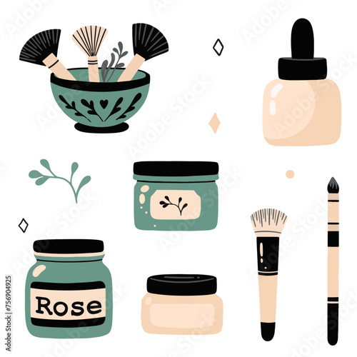 Minimal simple hand drawn outline feminine infographic for fashion, spa, beauty, make up bloggers. set of symbol for body skin care. 