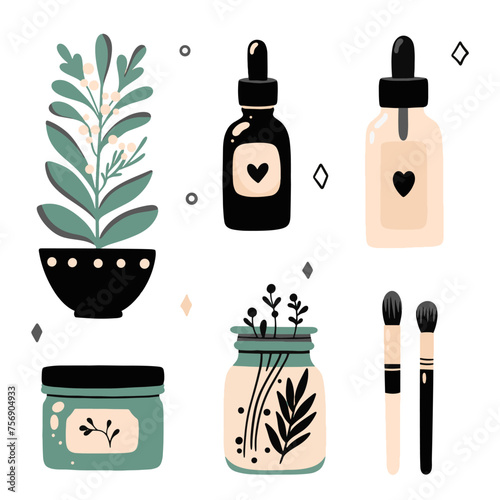 Minimal simple hand drawn outline feminine infographic for fashion, spa, beauty, make up bloggers. set of symbol for body skin care. 