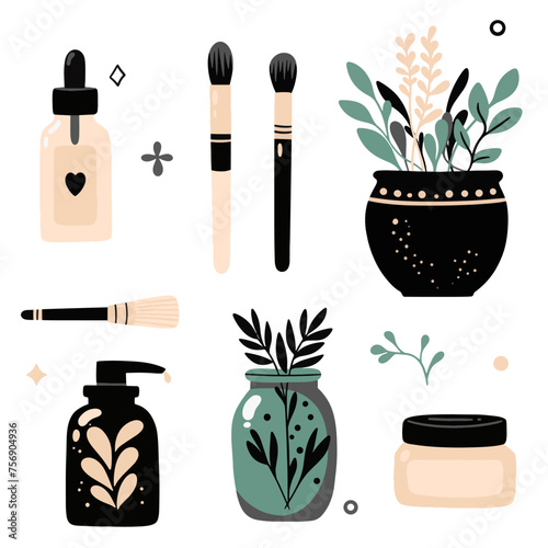 Minimal simple hand drawn outline feminine infographic for fashion, spa, beauty, make up bloggers. set of symbol for body skin care. 