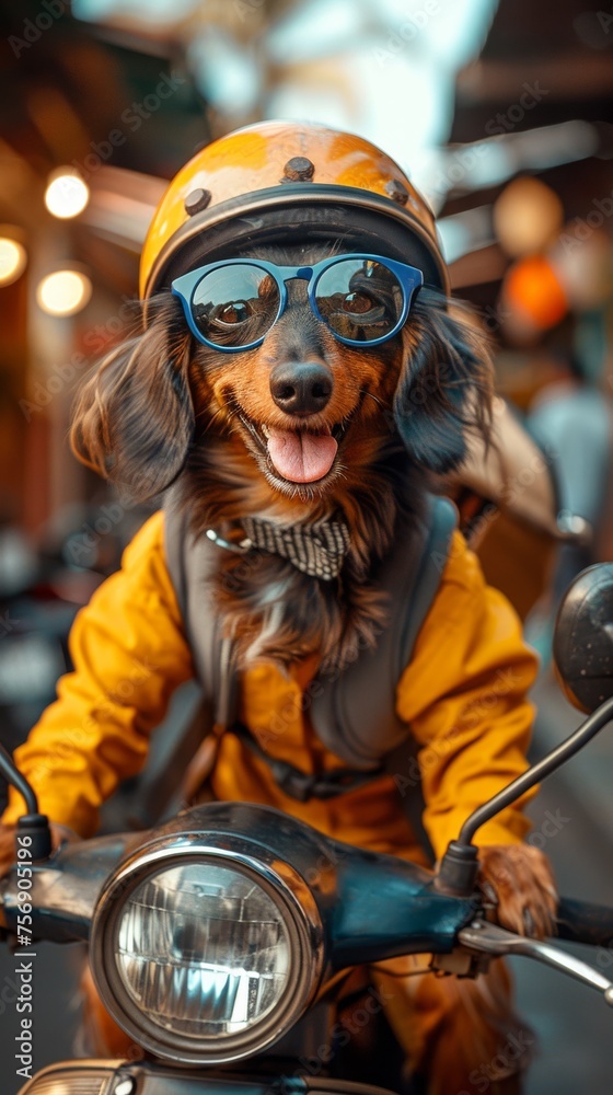  A humorous and charming portrait of a smiling black dachshund dog riding a moped, portraying a playful and adventurous spirit.