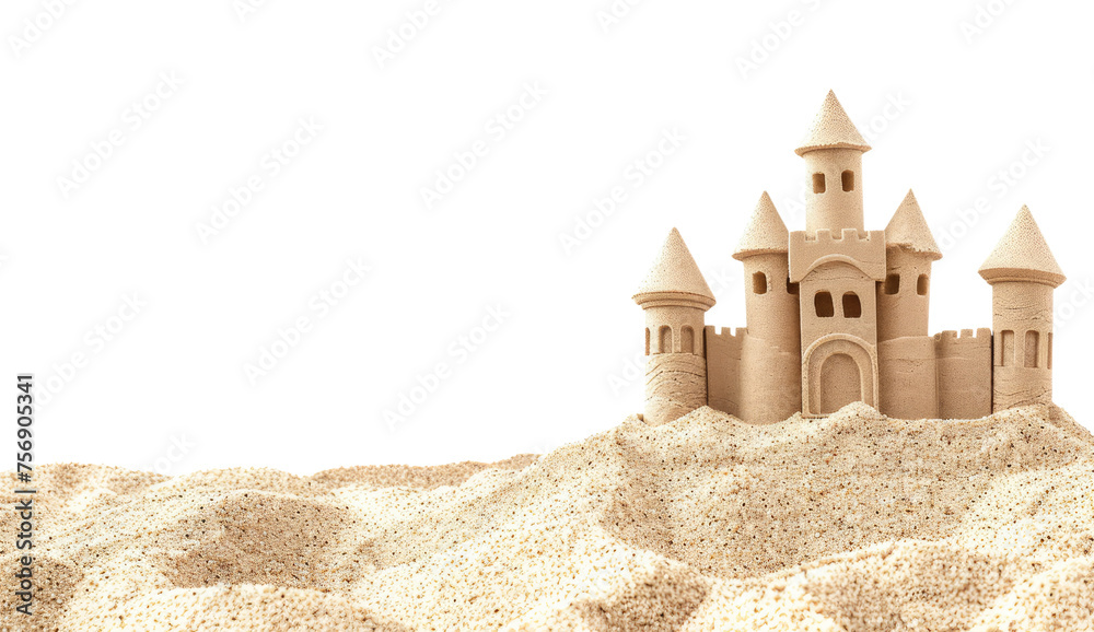 Sand castle on the beach isolated on transparent background - obrazy, fototapety, plakaty 