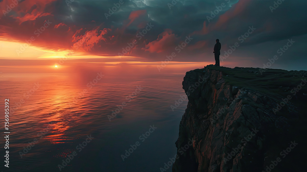 Man standing on top of cliff at sunset.
