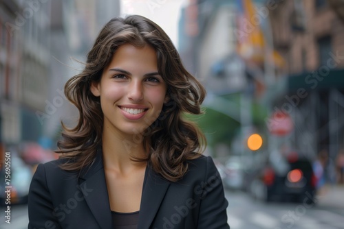 Smiling young attractive businesswoman posing looking at the camera in downtown street
