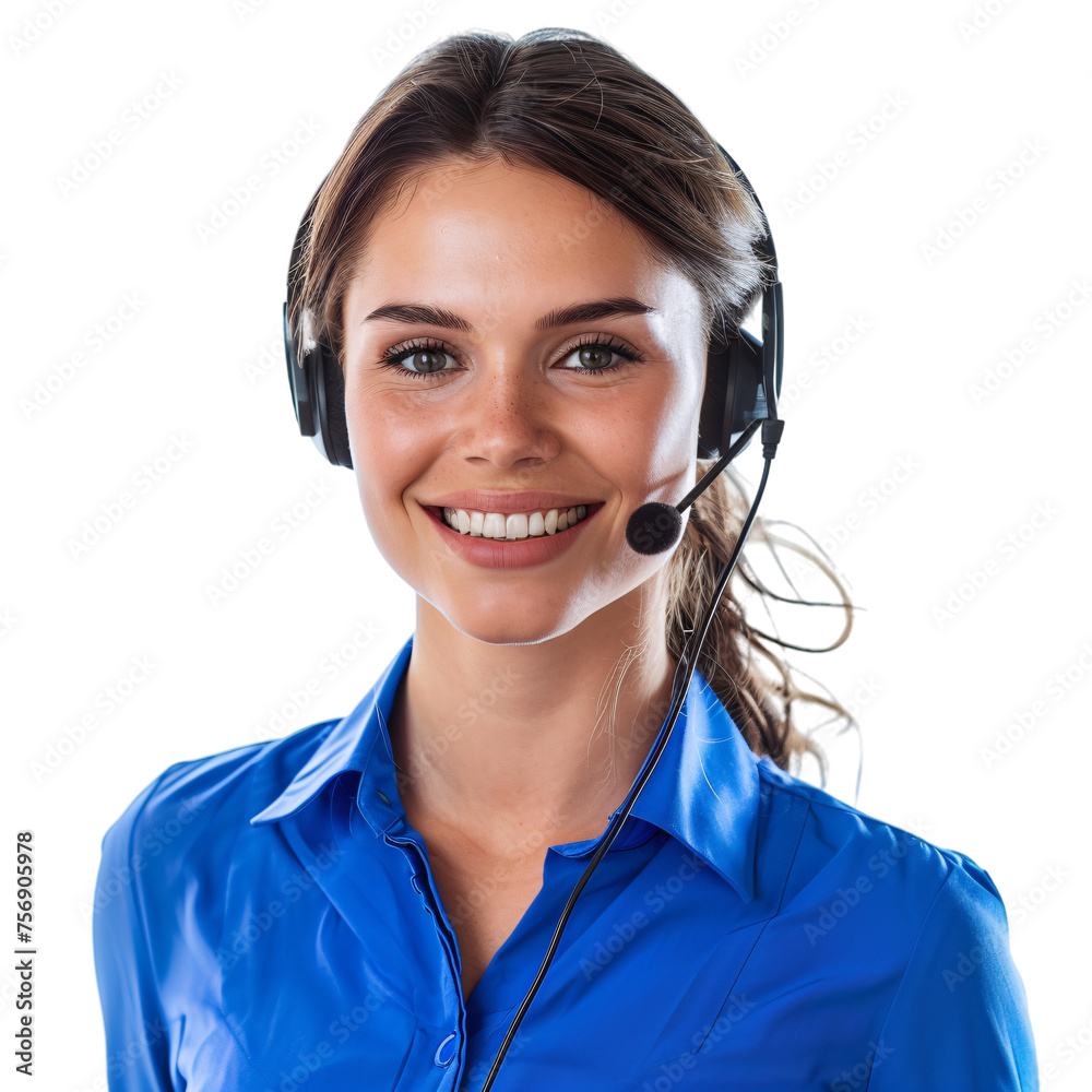 © samitha - A beautiful female customer support agent with a headset looking forward in a blue uniform on an isolated background