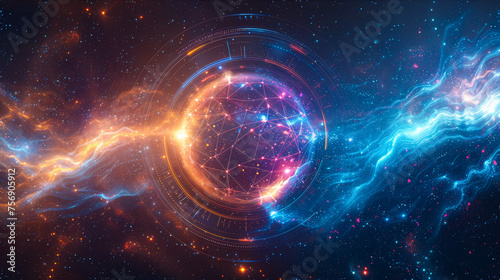 a simple sacred geometry portal, relaxing and meditative, flowing like an alpha brainwave, the background is galactic outer space travel background ,in the style of deep galaxy