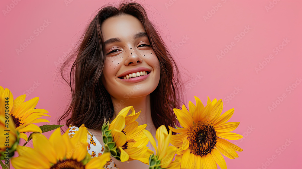 Smiling brunette woman in dress posing with sunflowers and looking away over pink background. Smiling brunette woman in dress posing with sunflowers and looking away over pink background.