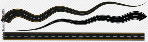 Horizontal asphalt road template. Winding road vector illustration. Seamless highway marking isolated on white background. EPS 10
