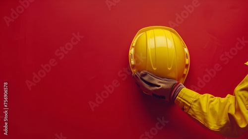 Male Hand Holding Yellow Safety Hard Hat - Occupational Safety and Protection Gear, Construction Worker Equipment, Industrial Safety Concept, Generative AI

