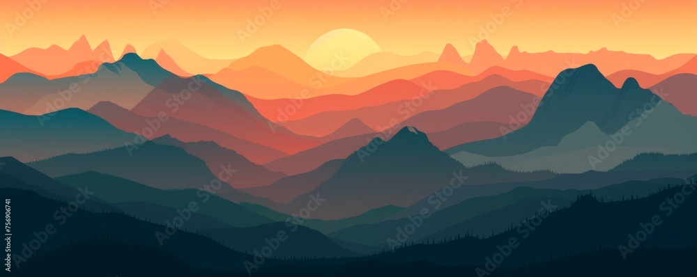 Serene mountain landscape during sunset with layered silhouettes and a gradient sky.