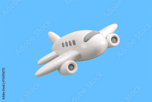 Vector 3d airplane icon. Simple cartoon white passenger plane render, flying jet in the sky, isolated on blue background. Summer holiday journey design element