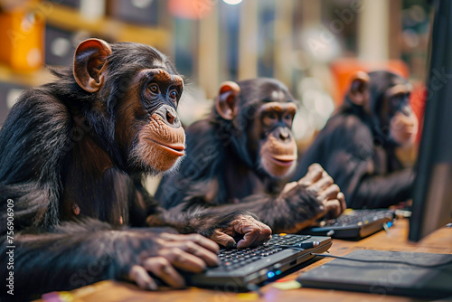 Monkeys in business casual typing away at computers in an office a humorous take on corporate life