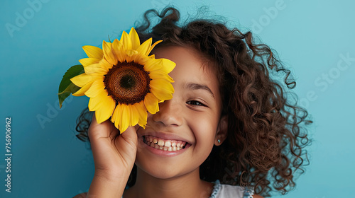 Young hispanic girl holding sunflower over eye looking positive and happy standing and smiling with a confident smile showing teeth.