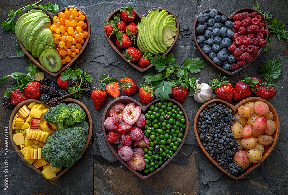 Fruit and vegetables on grey background. Created with Ai