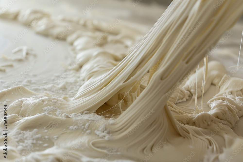 A white string of dough is being pulled out of a bowl. The dough is white and he is a type of pastry A white string of dough is being pulled out of a bowl. The dough is white and he is a type of pastry