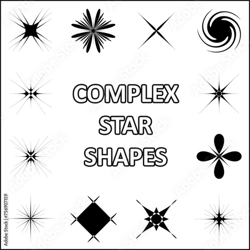 Twelve Varieties of Complex and Sharp Star Shapes in Black on a Transparent Background