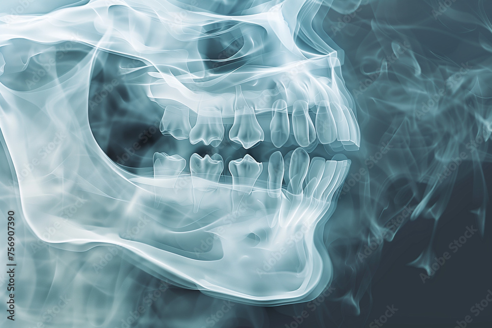 A skull with a black background and a white background with smoke. The skull is missing teeth and has a black and white appearance A skull with a black background and a white background with smoke. The skull is missing teeth and has a black and white appearance