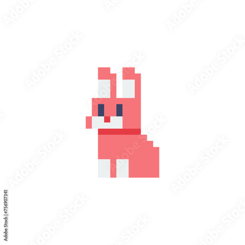 Pink rabbit, Happy Easter, bunny character pixel art flat style, isolated vector illustration. Element design for stickers, logo, embroidery, mobile app. Video game assets. © thepolovinkin