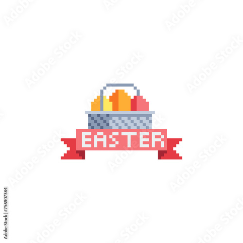 Happy Easter eggs in basket. Pixel art icons set. Greeting card design. Easter icon. Spring holiday. Isolated vector illustration. 