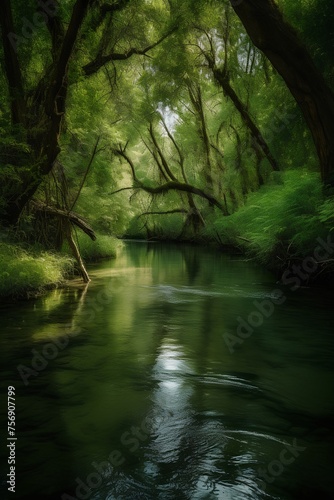 River in green forest. Beautiful summer landscape with river and trees.