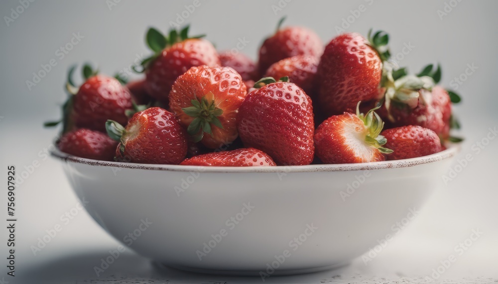 view of fresh strawberries in a bowl on white background view of fresh strawberries in a bowl on white background