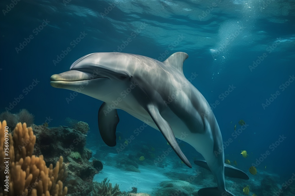 Dolphin swimming in the ocean. 3D render. Underwater.