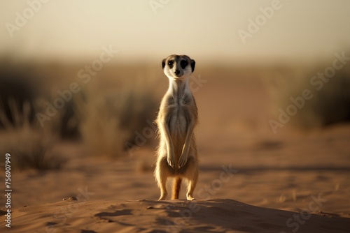 Meerkat standing on the sand in the desert and looking ahead photo