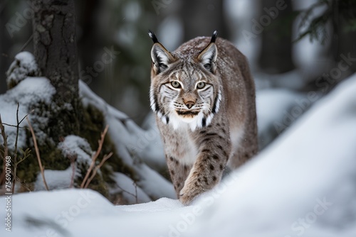 Eurasian lynx in winter forest. Wildlife scene from nature.
