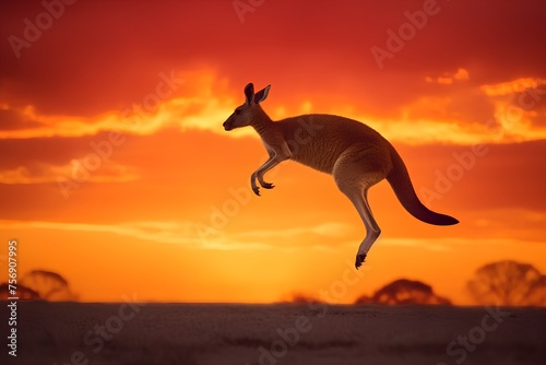 Kangaroo jumping on a sunset background. 3D render.