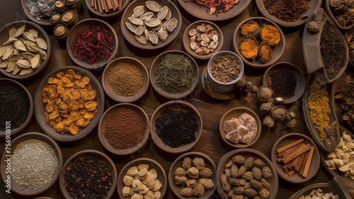 Spices and herbs in wooden bowls, top view. Food background