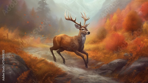Wild deer in autumn forest. Digital painting. 3D illustration.
