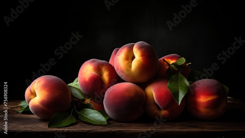 Fresh peaches with leaves on a wooden board. Dark background.