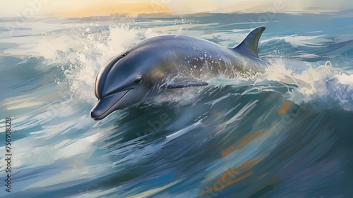 Dolphin swimming in the sea. 3D illustration. Digital painting.