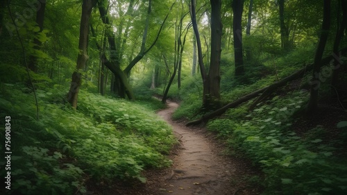 Path in the green forest. Nature composition. Shallow depth of field