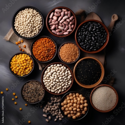 Assortment of legumes in bowls on black background. Top view photo