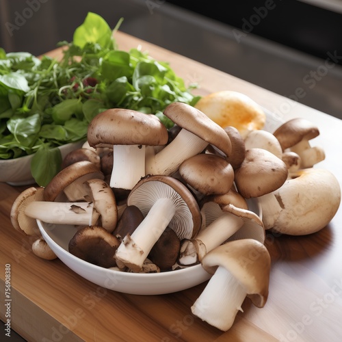 Mushrooms in a bowl on a wooden board. Healthy food. photo