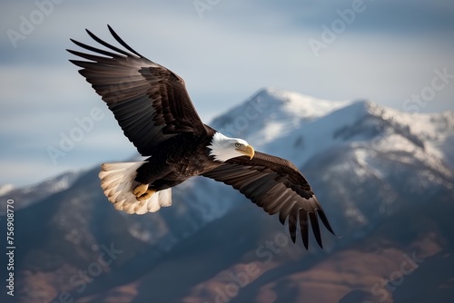 Bald Eagle in flight with snowcapped mountains in the background