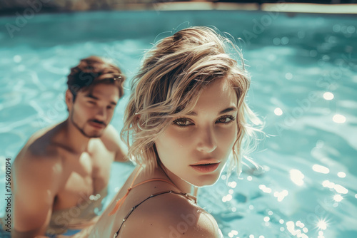 Gorgeous young woman posing with her boyfriend at a resort swimming pool