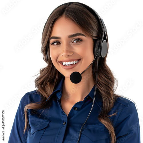 A smiling beautiful customer service support agent in dark blue uniform on an isolated background