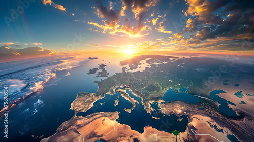 Planet Earth - Europe with Sunrise, High-Quality Illustration of Earth's Continent During Dawn, Environmental Concept, Generative AI