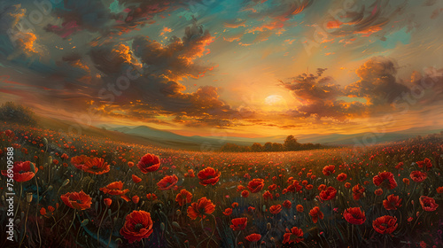Poppy Field at Sunset, Beautiful Landscape with Vibrant Red Flowers Under Golden Sky, Serene Countryside Scene, Generative AI