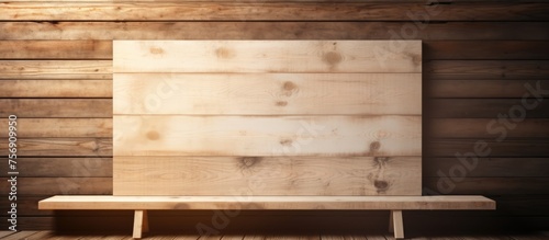 A rectangular wooden bench is placed in front of a wooden wall made of hardwood siding. The flooring and planks are stained with a rich wood stain  creating a visually appealing pattern