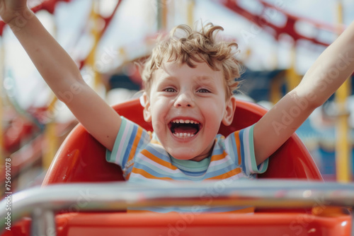 Happy kid having fun at the roller coaster