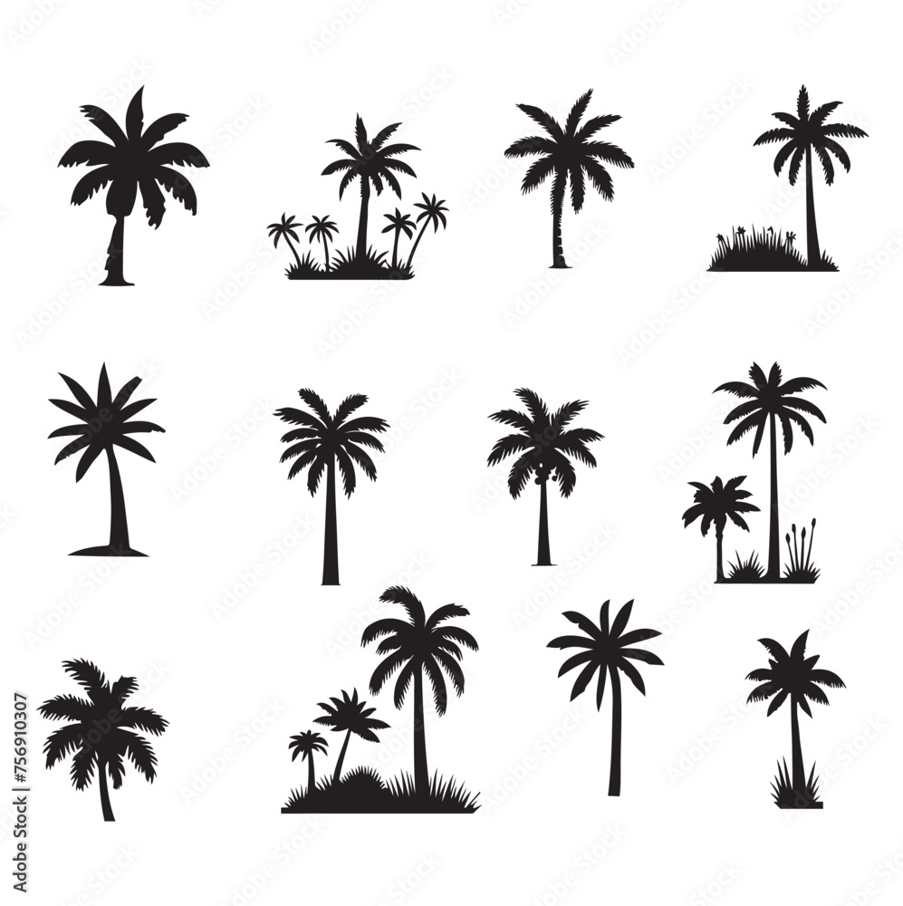 set of palm trees silhouettes on white