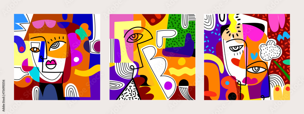 Fototapeta premium Abstract face portrait person geometric, doodle, line art hand drawn vector illustration. Aesthetic design for art print, wall art, banner, cards, poster, cover and decoration.