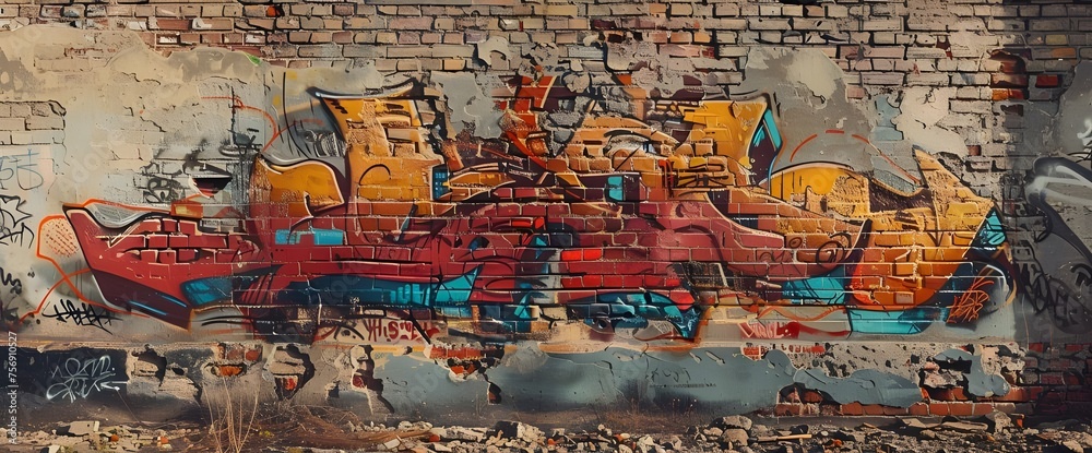 Aggressive Graffiti in Warm Colors Covers Brick Walls, Wall Art, Artwork, Generative AI Aggressive Graffiti in Warm Colors Covers Brick Walls, Wall Art, Artwork, Generative AI