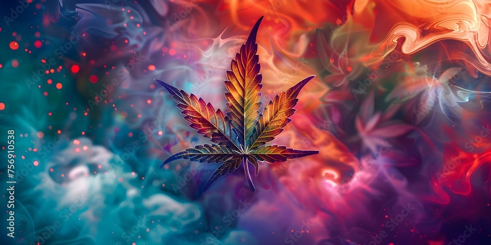 Psychedelic Cannabis Leaf in Vibrant Abstract Background. Concept Marijuana, Psychedelic art, Vibrant colors, Abstract background, Cannabis leaf