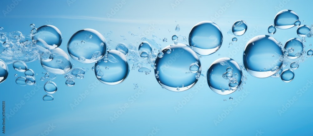A row of liquid circles, resembling water bubbles, floats on an azure background. The transparent material creates a mesmerizing effect against the electric blue sky