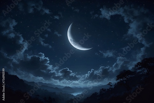 Crescent moon over the clouds, beautiful sky view, Ramadan Kareem or eid background.
